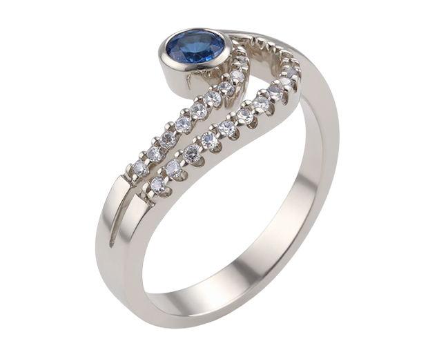 STERLING SILVER RING SET WITH  01 BLUE SAPPHIRE AND 20 WHITE SAPPHIRES
