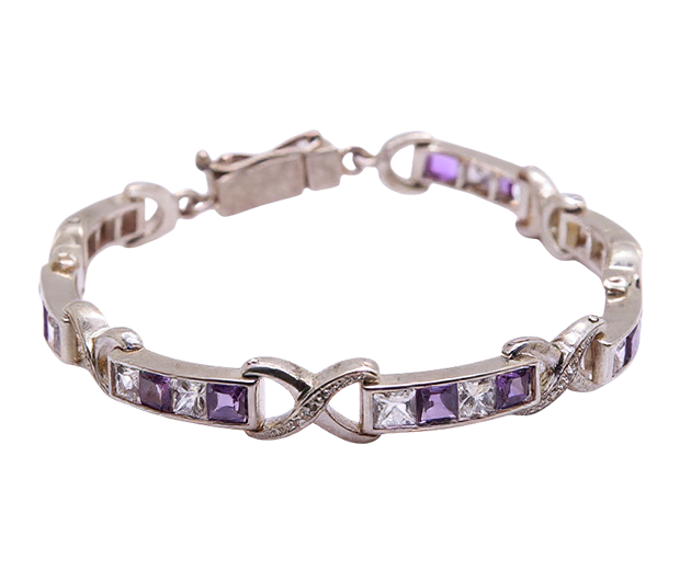 STERLING SILVER BRACELET SET WITH 14 AMETHYSTS AND 20 WHITE SAPPHIRES
