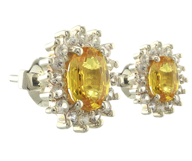STERLING SILVER EARRING PAIR SET WITH 02 YELLOW SAPPHIRES AND 32 WHITE SAPPHIRES
