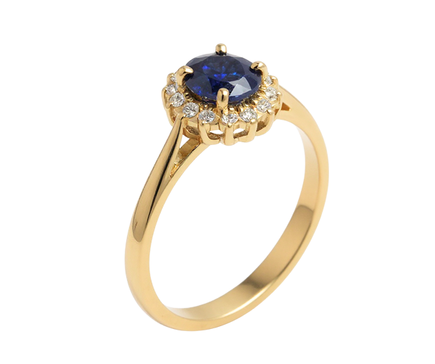 18KT GOLD RING SET WITH 01 BLUE SAPPHIRE AND 14 DIAMONDS 