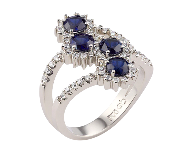 18KT WHITE GOLD RING SET WITH 04 BLUE SAPPHIRES AND 60 WHITE SAPPHIRES 