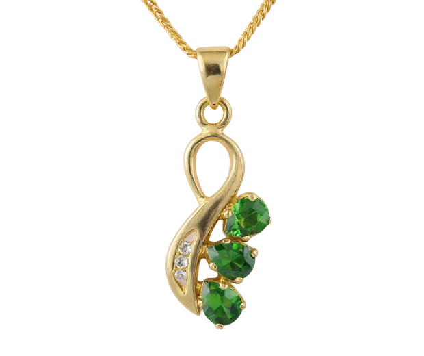 18KT GOLD PENDANT SET WITH 03 CHROME DIOPSIDES AND 03 DIAMONDS 