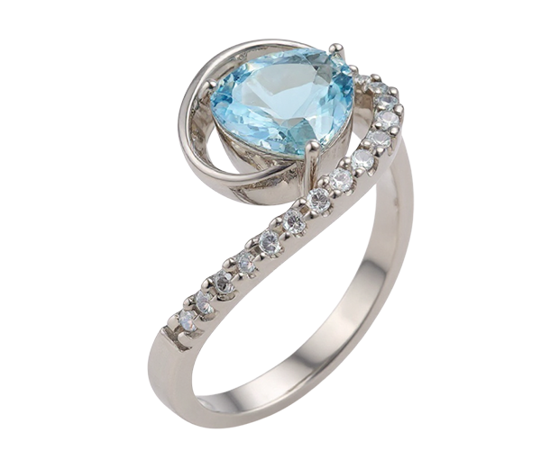 18KT WHITE GOLD RING SET WITH 01 AQUAMARINE AND 14 WHITE SAPPHIRES 