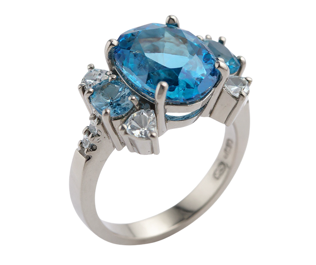 18KT WHITE GOLD RING SET WITH 03 BLUE TOPZAES AND 08 WHITE SAPPHIRES 