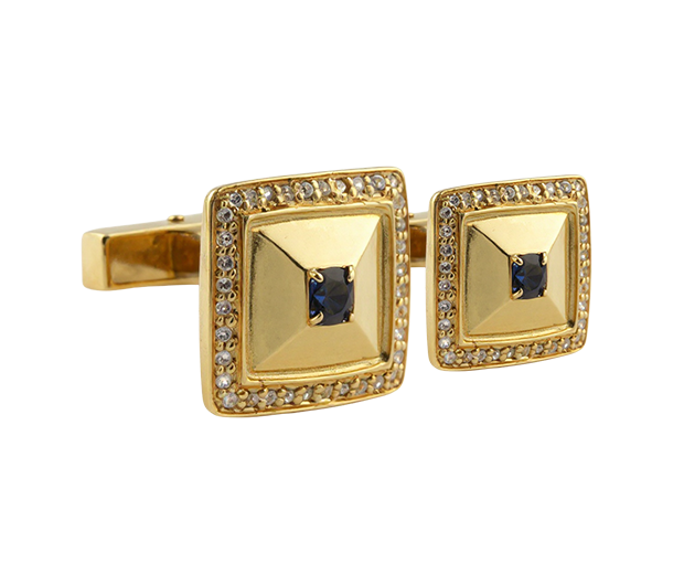 18KT GOLD CUFFLINK PAIR SET WITH 02 BLUE SAPPHIRES AND 72 WHITE SAPPHIRES 
