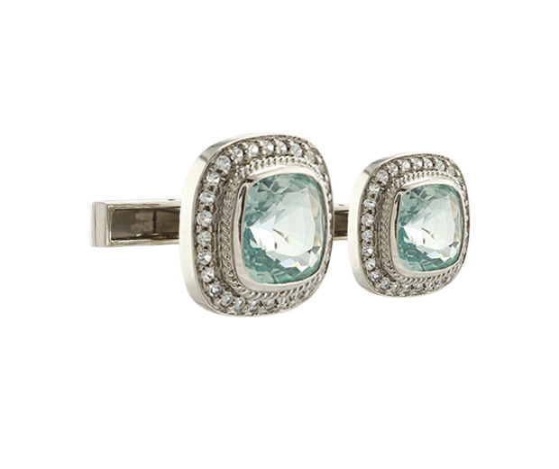 18KT WHITE GOLD CUFFLINK PAIR SET WITH 02 AQUAMARINES AND 55 WHITE SAPPHIRES 
