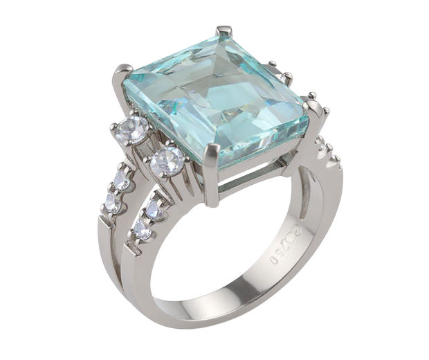 18KT WHITE GOLD RING SET WITH 01 AQUAMARINE AND 12 WHITE SAPPHIRES 
 