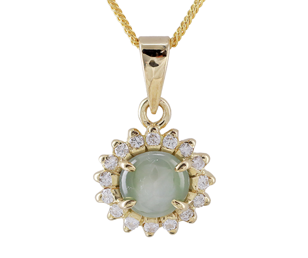 18KT GOLD PENDANT SET WITH 01 CHRYSOBERYL CATS EYE AND 16 DIAMONDS 