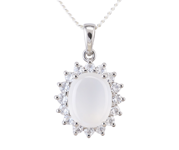 18KT WHITE GOLD PENDANT SET WITH 01 MOONSTONE AND 16 WHITE SAPPHIRES

