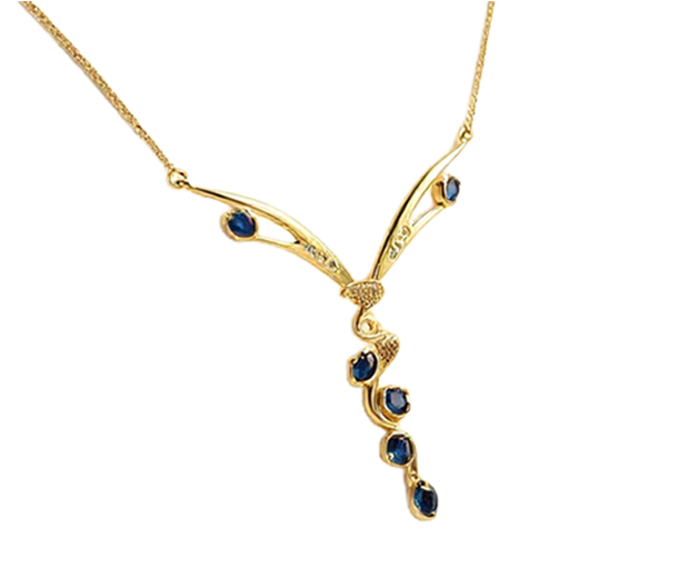 18KT YELLOW GOLD NECKLACE SET WITH 6 BLUE SAPPHIRES AND 9 DIAMONDS
