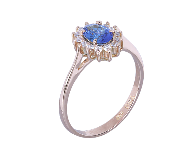 18KT ROSE GOLD RING SET WITH 01 BLUE SAPPHIRE AND 14 DIAMONDS
